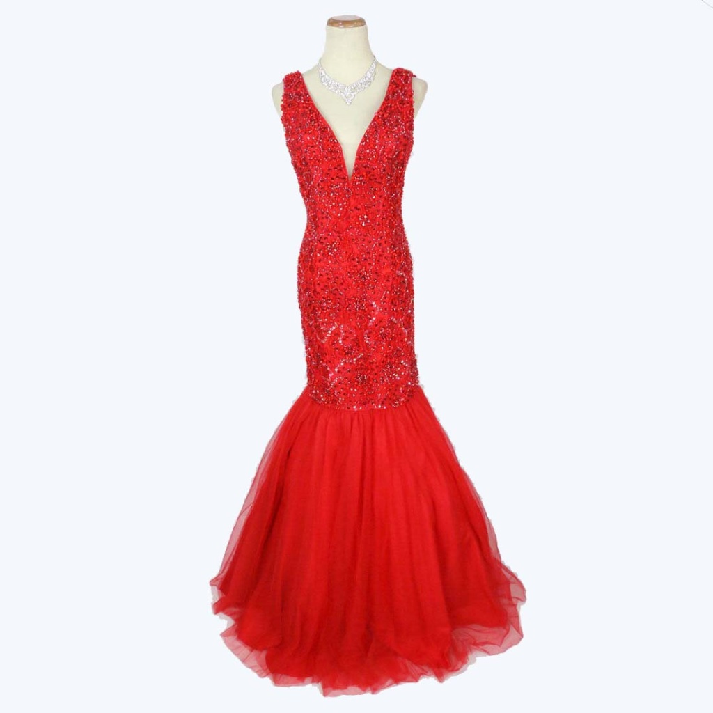 New Jovani Red Beaded Mermaid Bridal Formal Gown